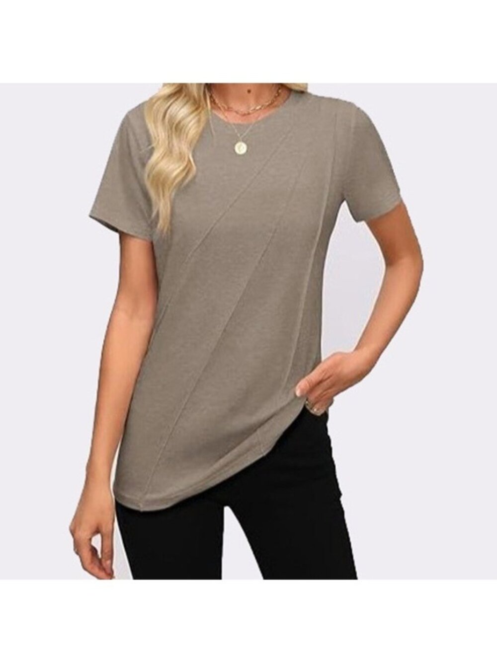 Women's Short Sleeve Top Pleated Crewneck T Shirt Gray 2XL
